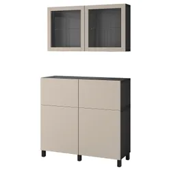 IKEA BESTÅ(894.215.54) комбинация полок с дверцами/ящиками, черно-коричневый Лаппвикен/Стуббарп/светло-серо-бежевый прозрачное стекло