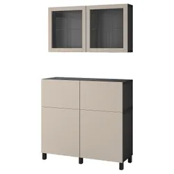 IKEA BESTÅ(894.215.54) поєднання полиці з дверцятами/шухлядами, чорно-коричневий Lappviken / Stubbarp / світло-сіро-бежевий прозоре скло