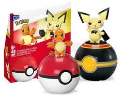 Набор конструктора MEGA CONSTRUX BLOCKS, 40 деталей, покемоны Чармандер и Пичу + 2 покебола HXP13