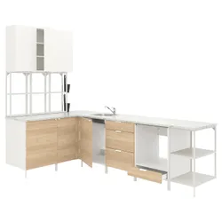 IKEA ENHET(893.379.18) угловая кухня, белый/имитация белый дуб