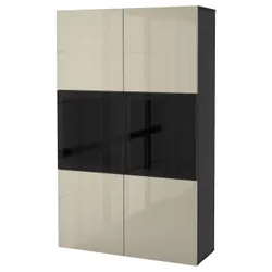 IKEA BESTÅ(591.247.58) книжный шкаф / стеклянная дверь, черно-коричневый / Selsviken глянцевый / бежевый прозрачное стекло