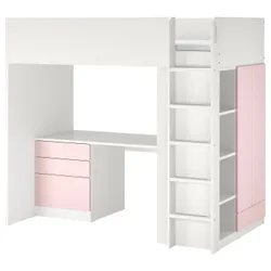 IKEA SMÅSTAD(194.354.89) кровать в мезонине, белый бледно-розовый / со столом с 4 ящиками
