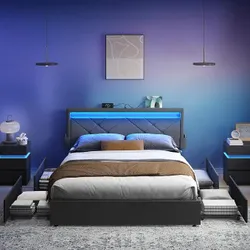 VASAGLE Двуспальная кровать 160 x 200 см, со светодиодной подсветкой, металл, 4 ящика, удлинитель, регулируемое, мягкое изголовье,