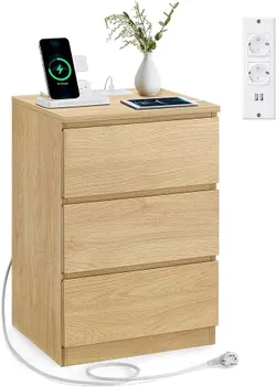 Тумбочка VASAGLE, 3 шухляди, скошений край, 2 розетки, 2 порти USB, для вітальні, спальні, кабінету, модерн, солом'яно-жовтий,