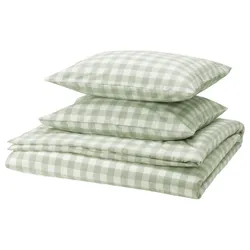 IKEA EKTANDVINGE(005.854.07) одеяло и 2 подушки, бледно-серо-зеленый белый/клетчат