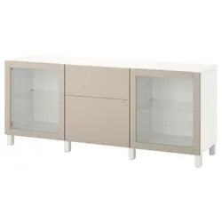 IKEA BESTÅ(594.402.81) комбинация с выдвижными ящиками, белый Лаппвикен/Стуббарп/светло-серо-бежевый прозрачное стекло