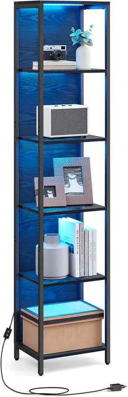 Книжный шкаф VASAGLE LED с 6 ярусами, регулируемой полкой для освещения, шкафом для хранения на стальном каркасе, 30,3 x 40 x