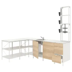 IKEA ENHET (493.382.41) кутова кухня, білий / імітація дуб