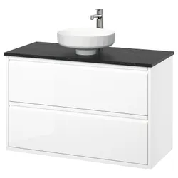 IKEA ÄNGSJÖN / LERSJÖN(195.712.93) Мыть шкафы с ящиками/мытьем/батареей, белый/черный глянец имитация мрамор