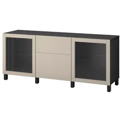 IKEA BESTÅ(294.219.48) комбинация с выдвижными ящиками, черно-коричневый Лаппвикен/Стуббарп/светло-серо-бежевый прозрачное стекло