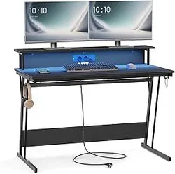 VASAGLE Игровой стол со светодиодной подсветкой и удлинителем, игровой стол, компьютерный стол с поддержкой экрана, для 2