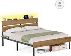 Каркас кровати VASAGLE 160 x 200 см, со светодиодной подсветкой, портами USB и USB-C | Металлический каркас, Пространство под
