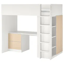 IKEA SMÅSTAD(494.374.63) ліжко-антресолі, біла береза / зі столом на 3 шухляди
