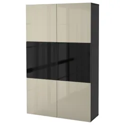 IKEA BESTÅ (991.247.61) книжный шкаф / стеклянная дверь, черно-коричневое/Сельсвикен глянцевое/бежевое тонированное стекло