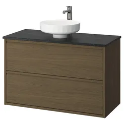 IKEA ÄNGSJÖN / LERSJÖN(595.712.91) Мыть шкафы с ящиками/мытьем/батареей, коричневый имит. дуб/черный имитационный мрамор