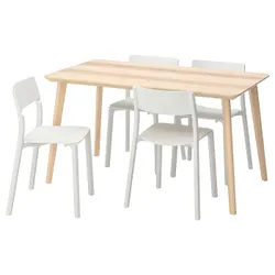 IKEA LISABO / JANINGE (491.032.47) стол и 4 стула, ясеневый шпон / белый