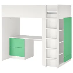 IKEA SMÅSTAD(094.374.36) кровать в мезонине, бело-зеленый / со столом с 3 ящиками