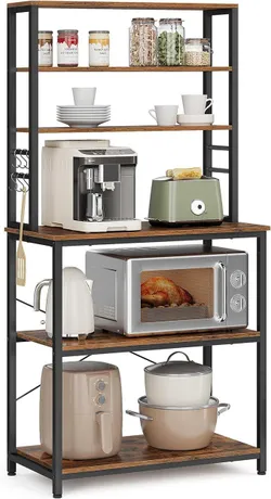 VASAGLE Kitchen Baker's Rack высокий кухонный гарнитур с полками для хранения, 6 крючками и металлическим каркасом, стойка для