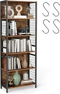 Книжный шкаф VASAGLE, 6-ярусный книжный шкаф с 4 крючками, 30 x 60 x 175 см, для офиса, кабинета, гостиной, спальни, рустикальный
