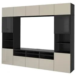 IKEA BESTÅ(694.110.23) комбинация для ТВ/стеклянная дверь, черно-коричневый / Selsviken глянцевый / бежевый прозрачное стекло