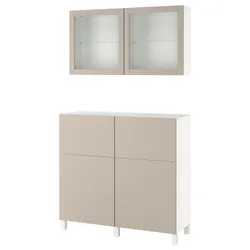 IKEA BESTÅ(594.360.43) поєднання полиці з дверцятами/шухлядами, біле Lappviken / Stubbarp / світло-сіро-бежеве прозоре скло