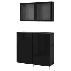 IKEA BESTÅ(394.313.05) комбинация полок с дверцами/ящиками, черно-коричневый / Selsviken / Ösarp глянцевый / черное прозрачное стекло
