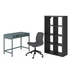 IKEA ALEX/LÅNGFJÄLL / KALLAX(094.367.57) комбинация стол/шкаф, и серо-бирюзовое/черное вращающееся кресло