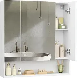 VASAGLE Шкаф для ванной комнаты, 3 дверцы, открытое отделение, 16,5 x 70 x 75 см | Шкаф с зеркалом, регулируемыми полками,