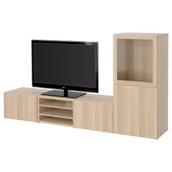 IKEA BESTÅ(093.294.13) комбинация для ТВ/стеклянная дверь, под беленый дуб / Лаппвикен под беленый дуб прозрачное стекло