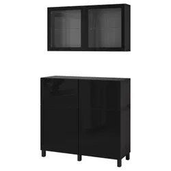 IKEA BESTÅ (294.360.49) комбинация полок с дверцами/ящиками, черно-коричневый / Selsviken / Stubbarp глянцевый / черное прозрачное стекло