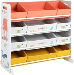 SONGMICS GKRS04WT Стелаж для дитячої кімнати, на 12 тканинних контейнерів, для книг та іграшок, органайзер для іграшок,