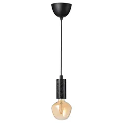 IKEA MARKFROST / MOLNART(994.913.39) подвесной светильник с лампочкой, черный мрамор/форма колокола коричневое прозрачное стекло