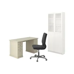 IKEA VEBJÖRN/MULLFJÄLLET / BILLY/OXBERG(094.363.66) комбинация стол/шкаф, и бежевое/серо-белое вращающееся кресло